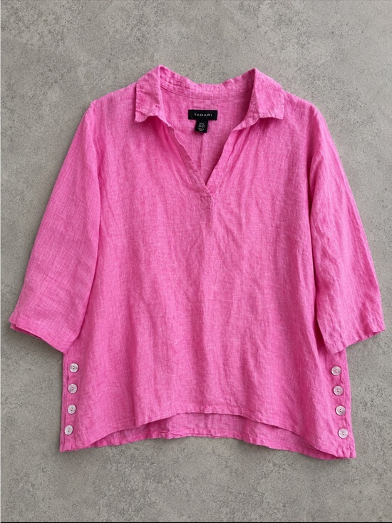 Tahari Tops - TAHARI 100% Linen Popover Top Womens 2X Pink 3/4 Sleeve Side Buttons Lagenlook